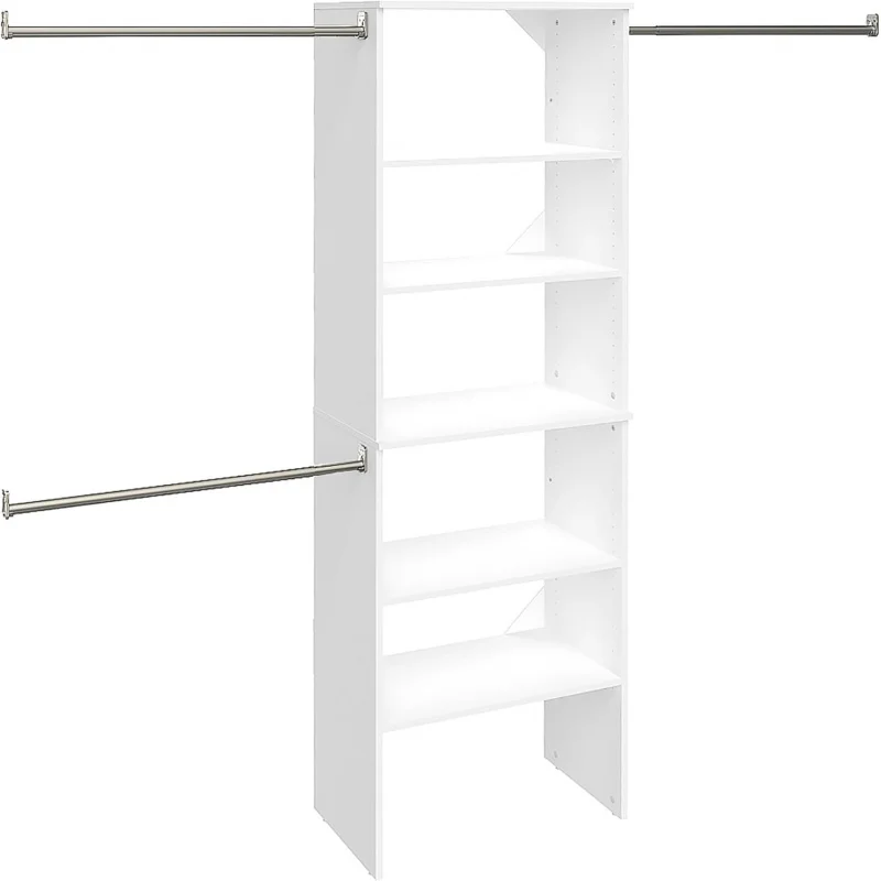 

Wood Closet Organizer Starter Kit Tower and 3 Hang Rods, Shelves, Adjustable, Fits Spaces 5 – 10 ft. Wide.