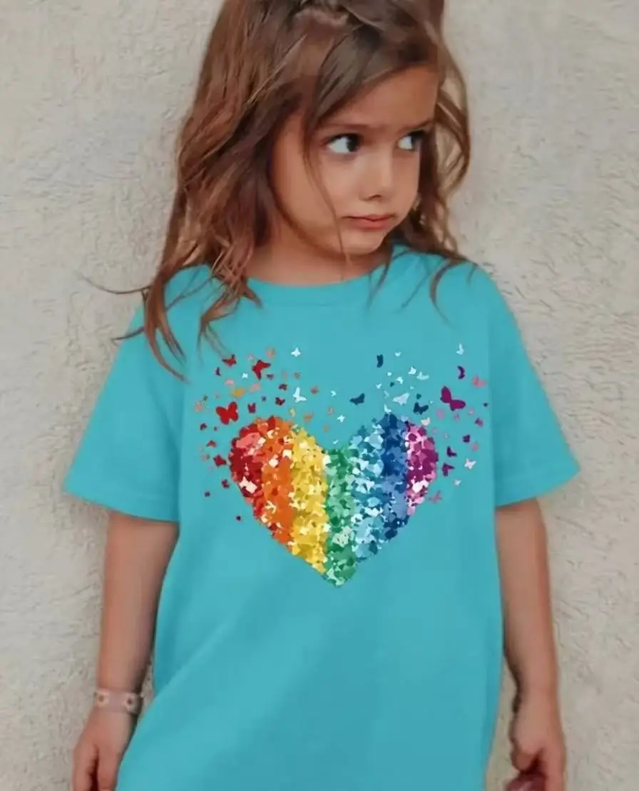 Mädchen Regenbogen-Herz Pailletten T-Shirt Kinder Sommer Baumwolle Kurzarm-Oberteil Kleinkind Mädchen Kleidung Schwarzes T-Shirt Niedlicher Schmetterlingsdruck – Detail 3