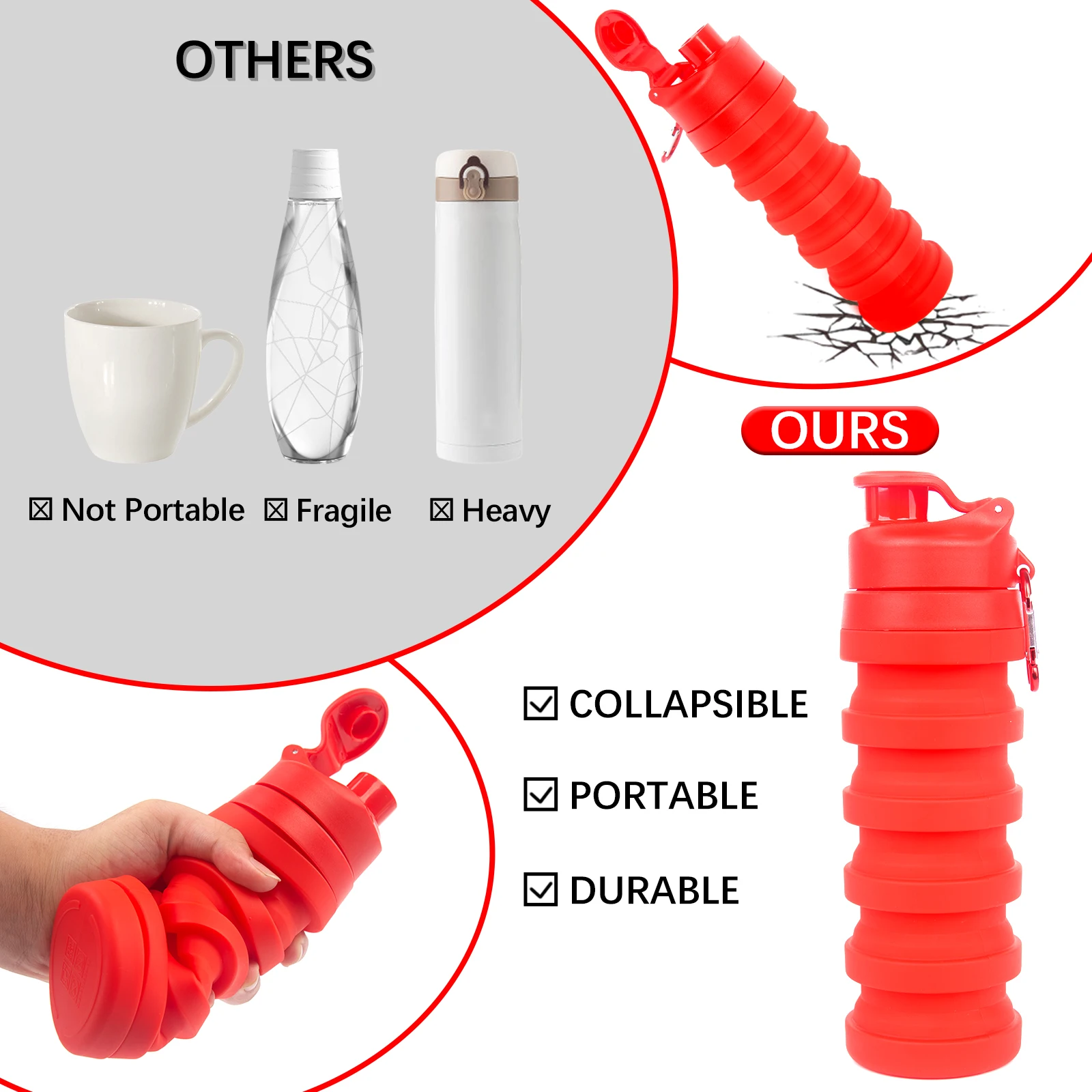 1 PC Red 500ML Portable Foldable Silicone Water Bottle Folding Gym Water Bottles Food Grade