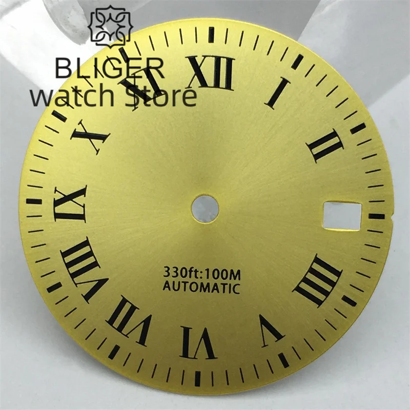 BLIGER-esfera de oro de 29mm para NH35 NH36, esfera negra, índice romano, verde, movimiento, ajuste de corona de 3 en punto, corona de 3,8 en punto