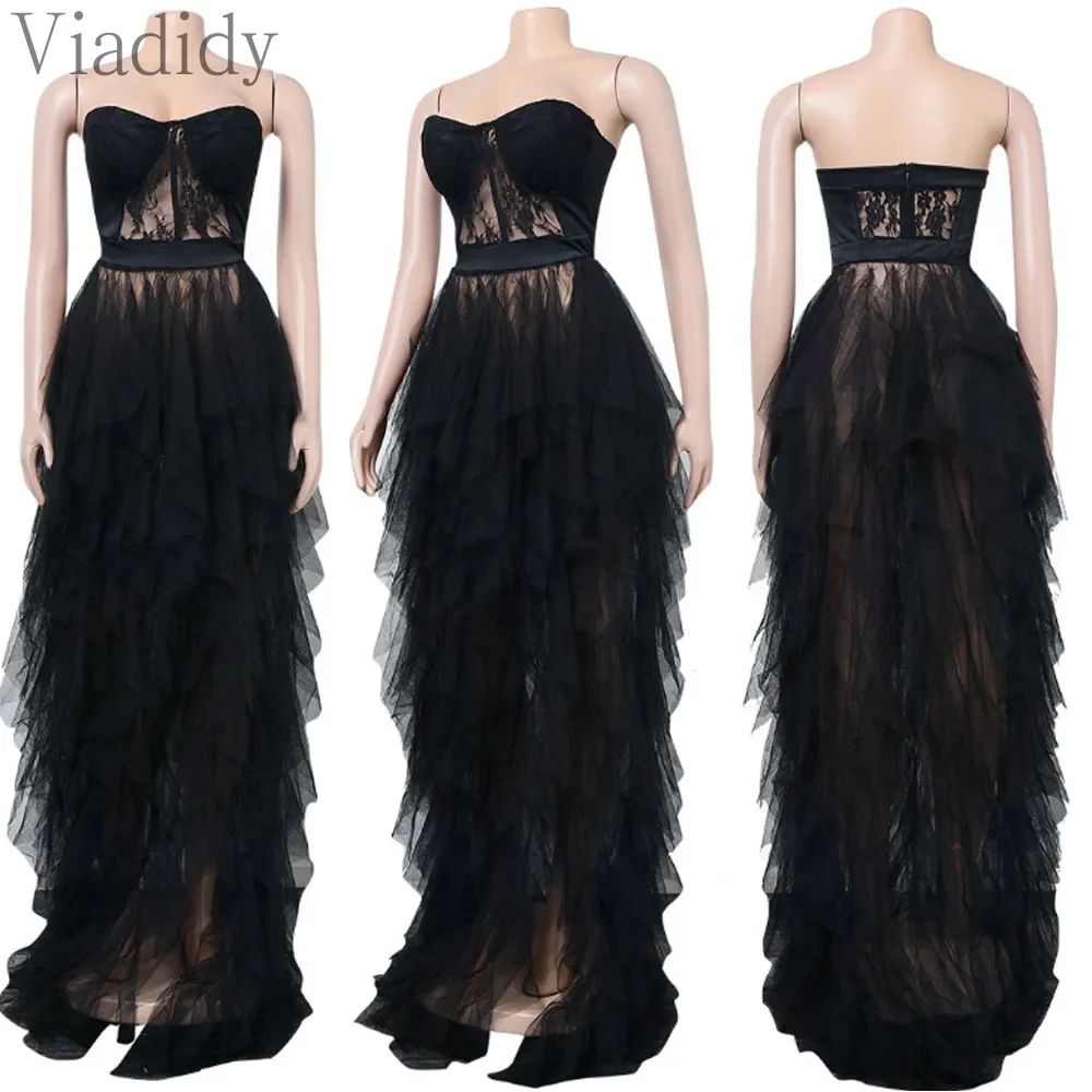 Dames sexy pure mesh doorzichtige kanten bandeau ruches decor vloerlange feestjurk