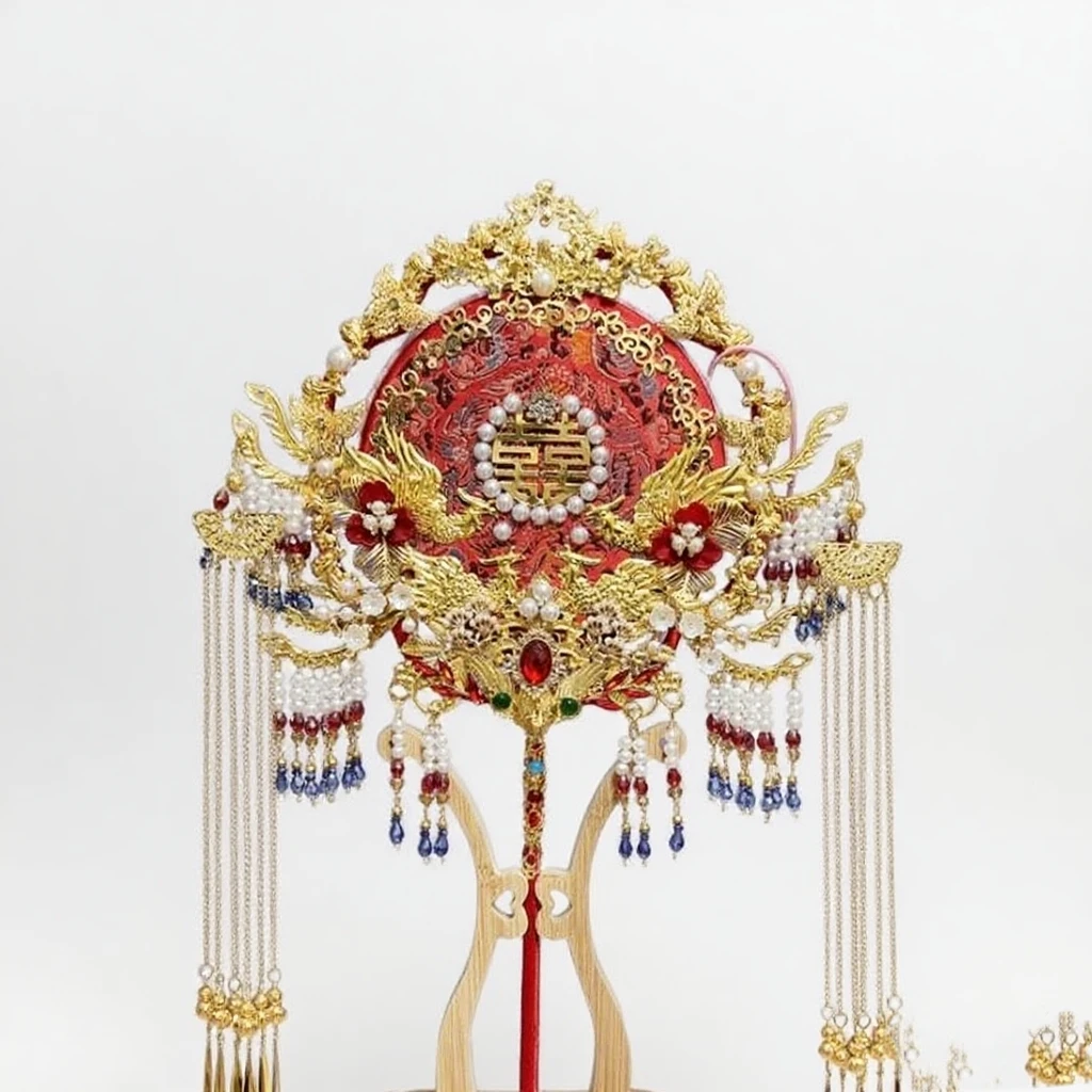 Leque de casamento com coroa de Phoenix e nuvens rosadas