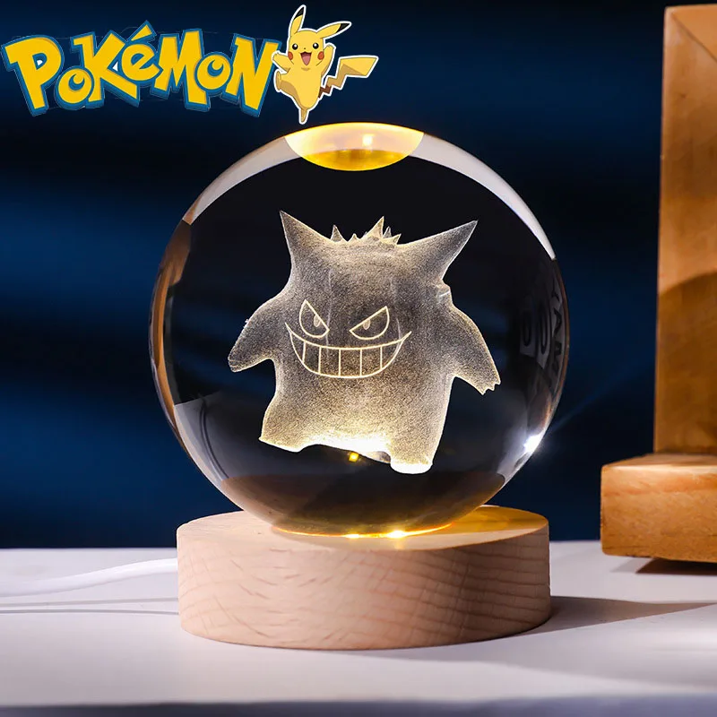Pokemon 6cm bola de cristal 3D Gengar Pikachu Rayquaza planeta luz nocturna tallado con láser estatua de bola de cristal regalos para niños