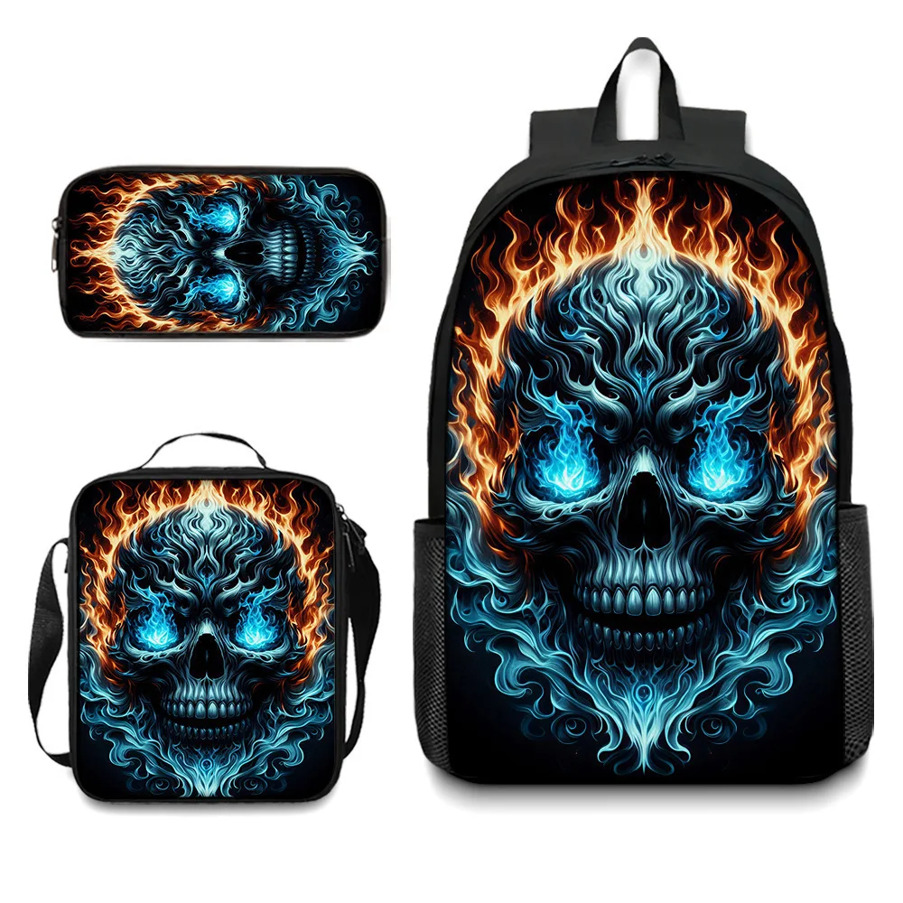 Skull 3Pcs Set Backpack Student School Shoulder Bag Pencil Bags Bookbag Skull Fashion Rucksack Best Gift