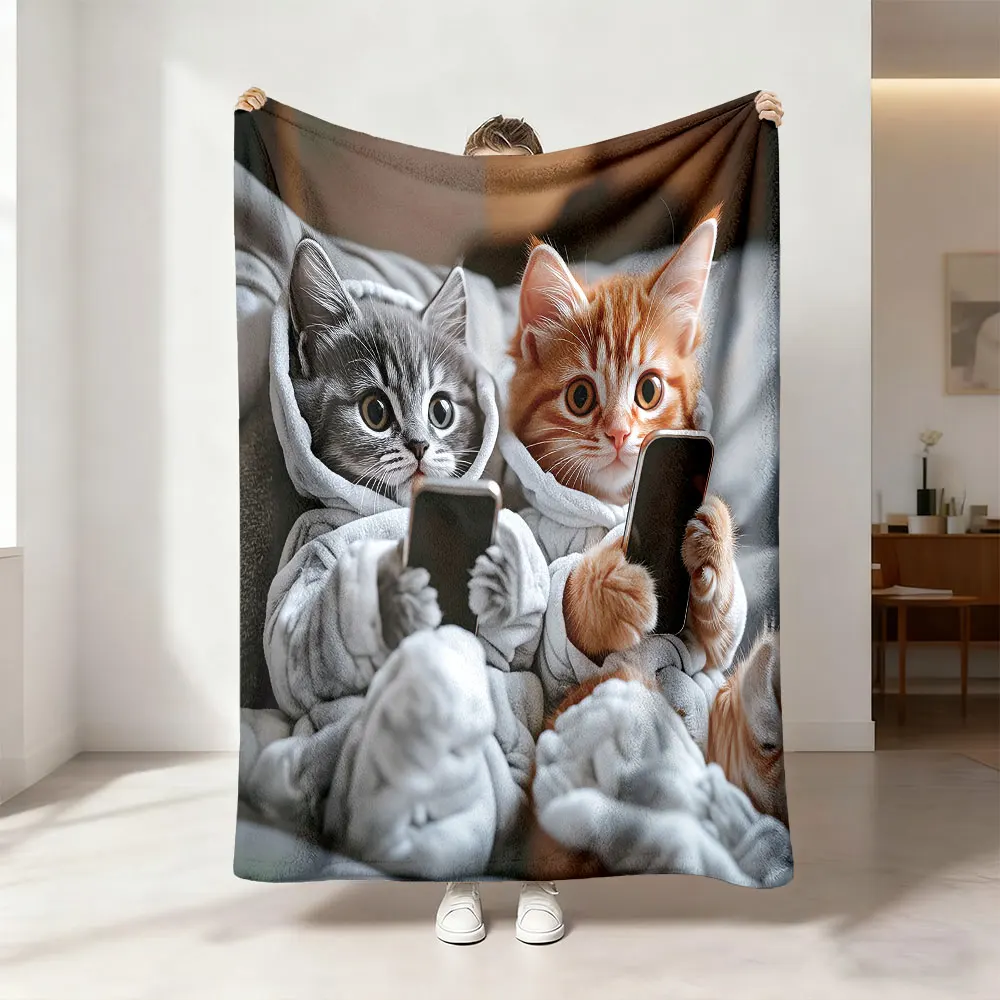 1 Manta de Franela de 230g con Estampado de Gatito de Dibujos Animados, Manta Suave para Siesta en Varios Tamaños, Manta de Regalo