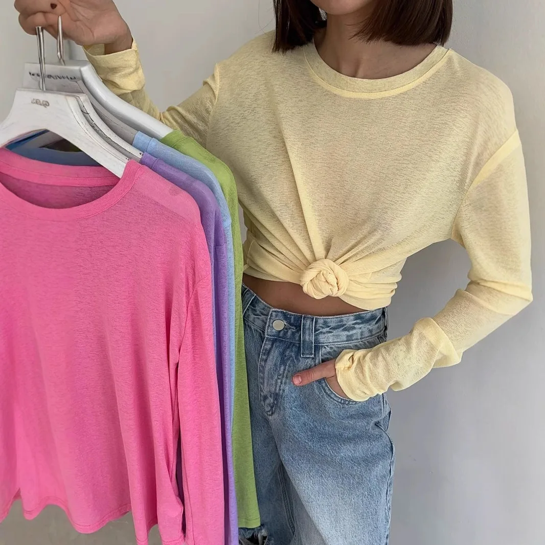 

Long sleeved snowflake Lyocell T-shirt women's summer round neck loose temperament base shirt