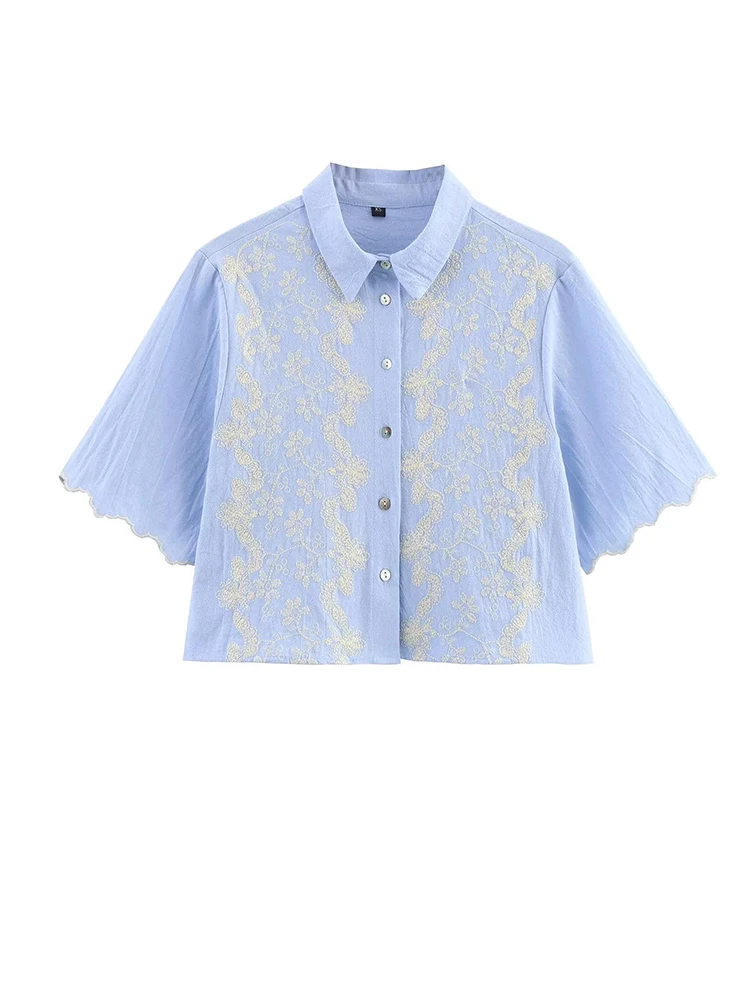 

Summer Short Sleeve Blue Shirts Floral Embroidery Loose Tops Women Single Breasted Blouses