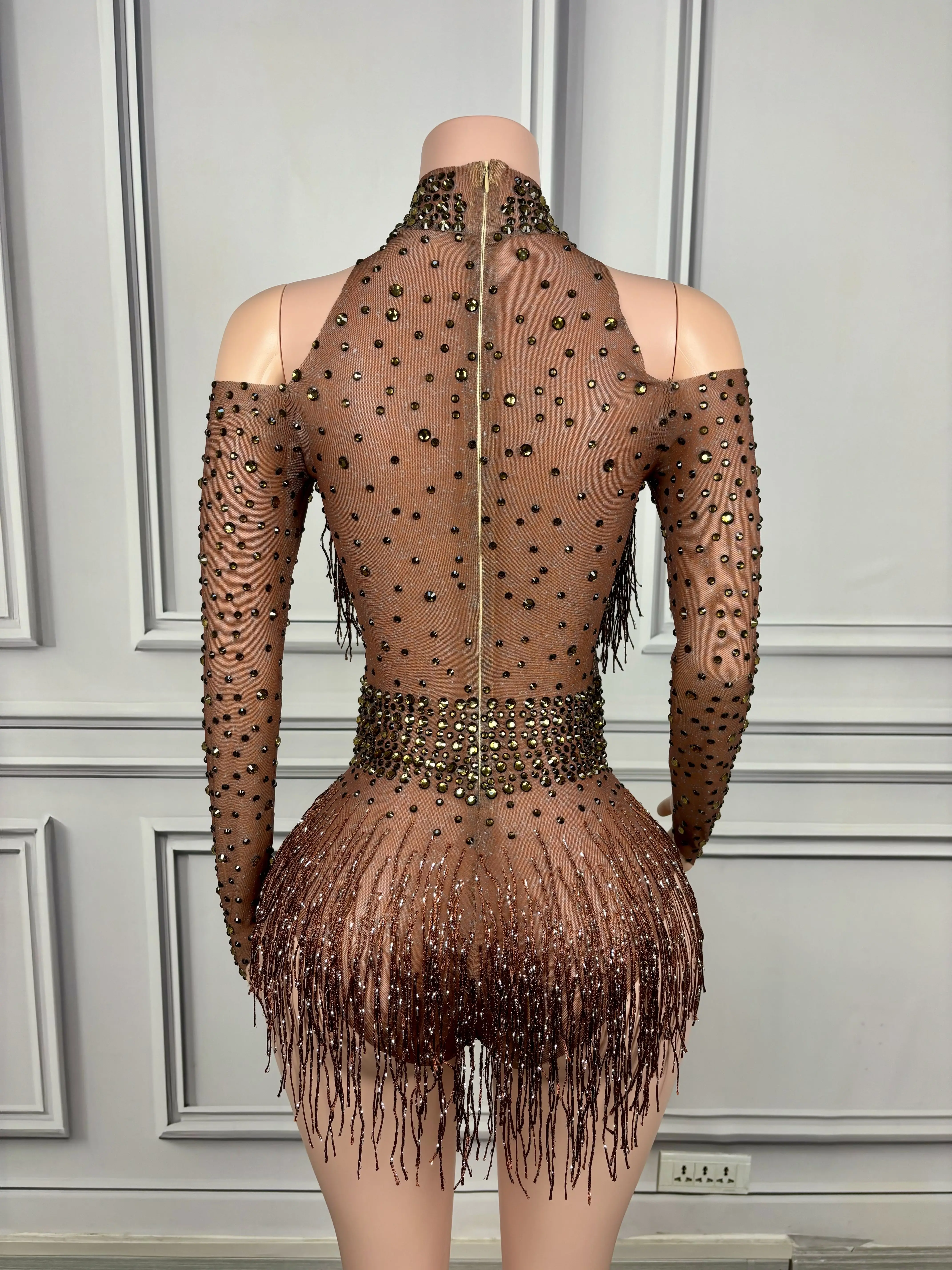 Flashing Brown Rhinestones Fringes Leotard Birthday Celebrate Transparent Sexy Bodysuit Costume Fancy Long Sleeves Outfit nvtuan