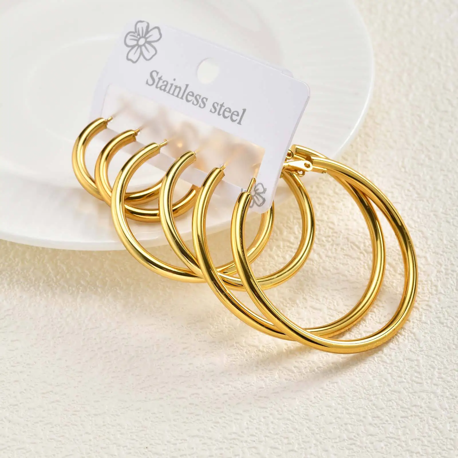 Vnox Stainless Steel 3pairs/set Hoop Earrings For Women, Small Big Round Circle, Classic Anti-allergy Jewelry - Detail 1