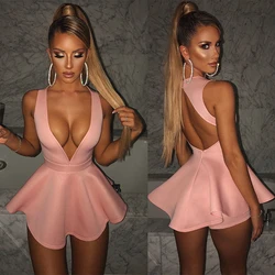 Women Sexy Halter Backless Mini Dress Low Cut V Neck Plub Party Robe Sleeveless Elegant Night Party Vestidos A-line Short Dress