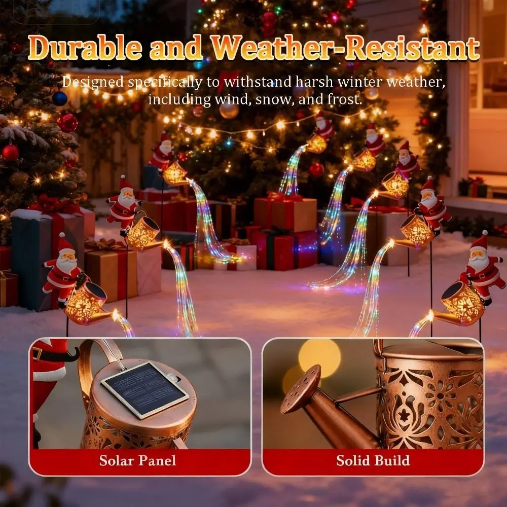 Solar Powered Santa Kettle Lights LED Illumination Plastic and Metal Christmas Garden Light Perforated Watering Can Ground Stake