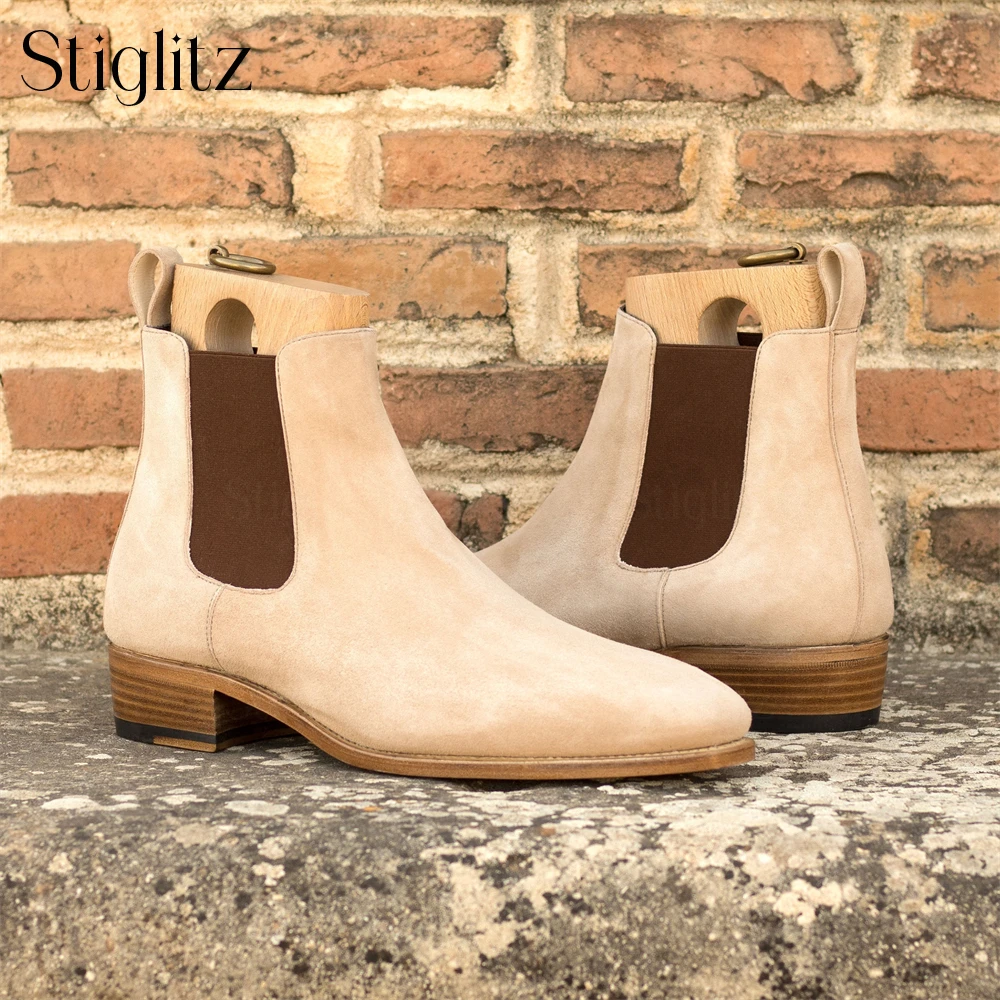 Camel Suede Chelsea Boots Almond Toe Elastic Ankle Boots Elegant Style Slip on Booties for Men British Style Suede Winter Boots