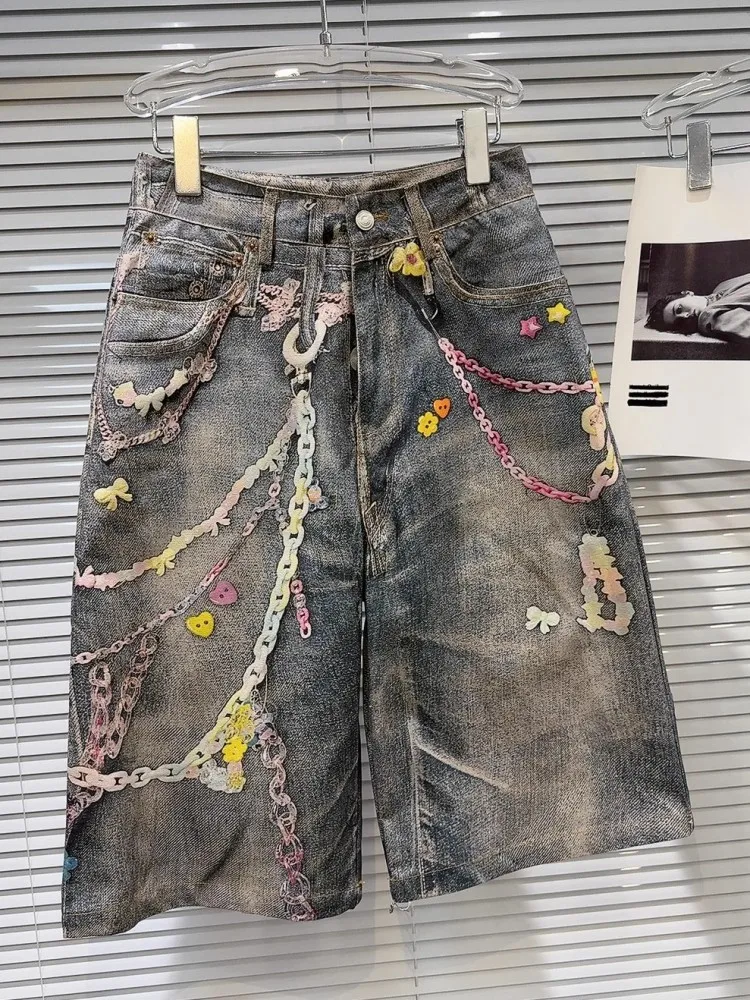 Short en jean d'été pour femmes, pantalon Vintage imprimé de personnalité, longueur aux genoux; Jeans pour femmes, short décontracté Hip Hop, nouveau