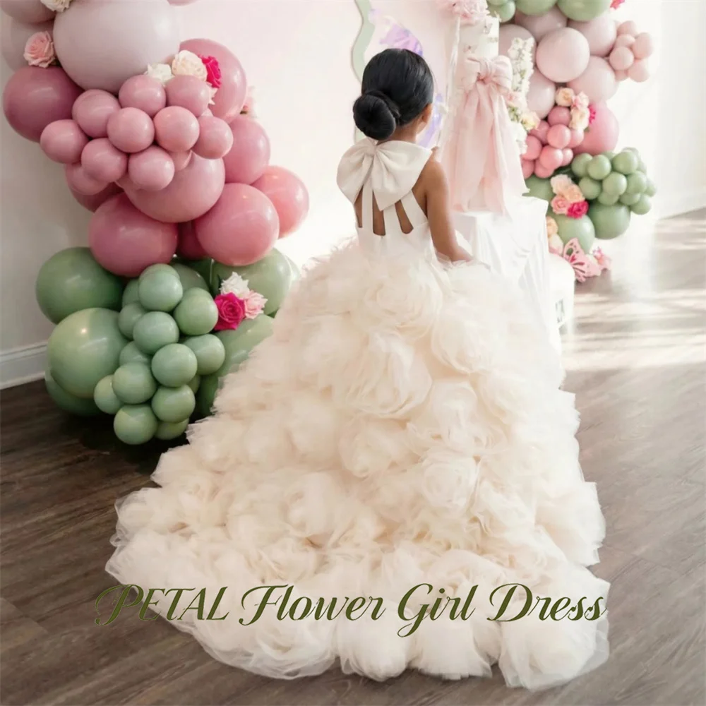 Petal Cream White Children Birthday Wedding Dresses Halter Neck with Bow First Communion Gown 3D Floral Girls Princess Dress