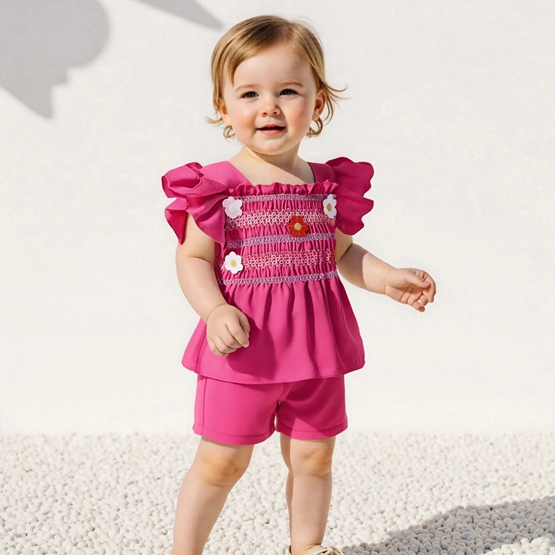 

3-7Y Kids Girl Summer Outfits Flower Embroidery Square Neck Fly Sleeve Tops Elastic Waist Shorts 2Pcs Clothes Set