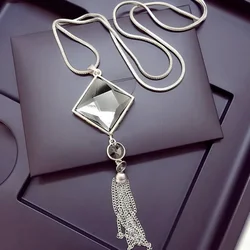 2024 New Fashion Winter Sweater Chain Long Necklace for Women Female Square Geometric Crystal Pendant Charms