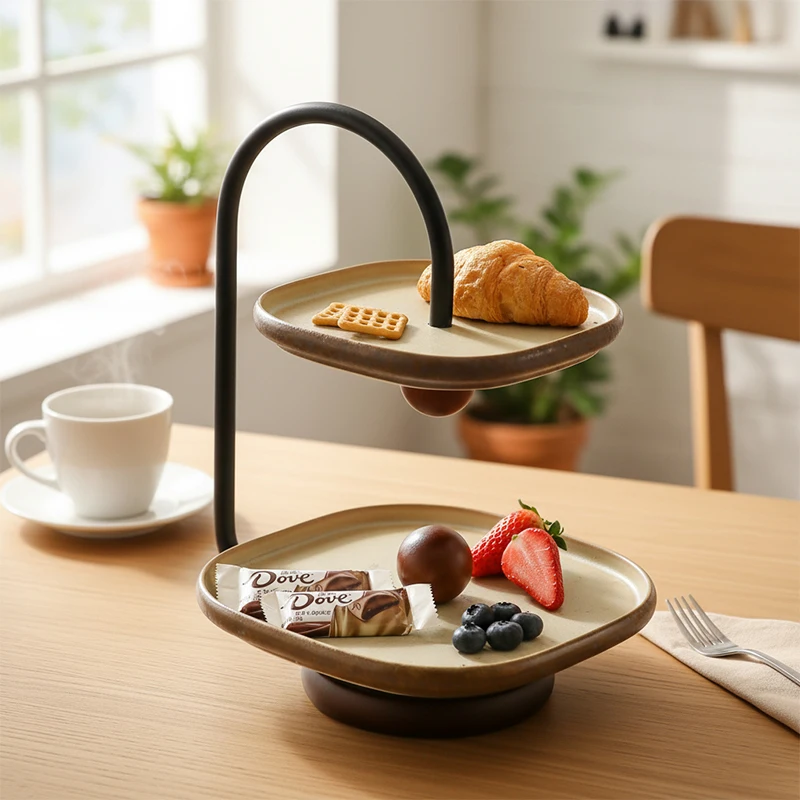 1Pc Double-Layer Square Ceramic Dessert Tray, Wabi-Sabi Retro Style Fruit Snack Plate, with Black Curved Metal Stand and Wooden Base, Dessert Candy Display Stand, Suitable for Coffee Tables, Home Decor, and Party Decorations