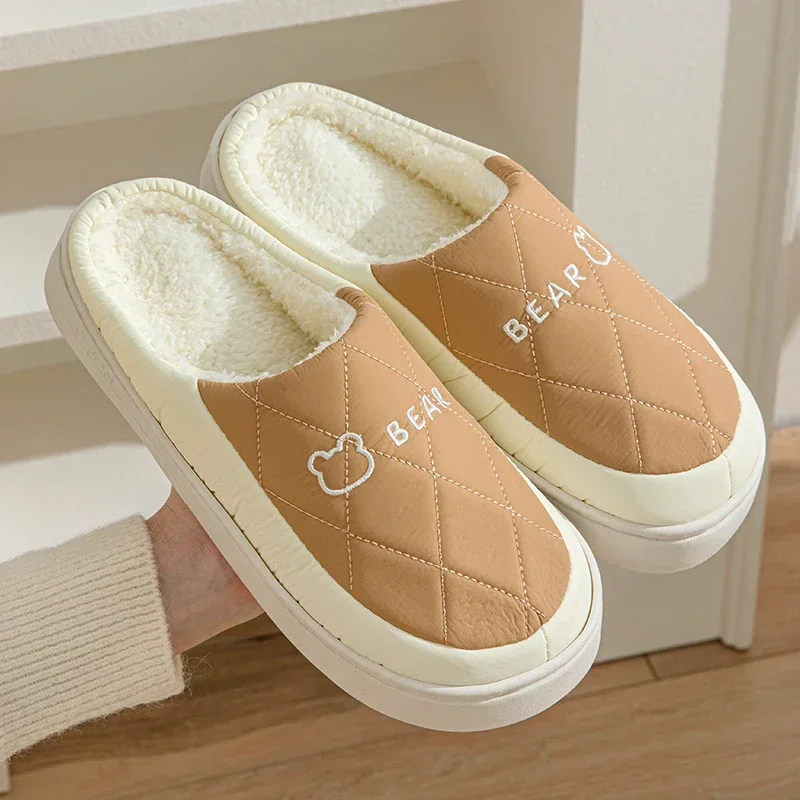 Inverno outono de pelúcia quente feminino chinelos de algodão interior casa casual toe envoltório grosso slides masculino anti deslizamento vamp à prova dwaterproof água sapatos macios