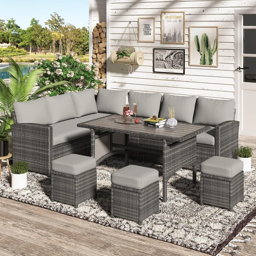 Patio Furniture Set with Waterproof Cover, 7 Pieces Outdoor Sectional Sofa Conversation Set All Weather Wicker Rattan