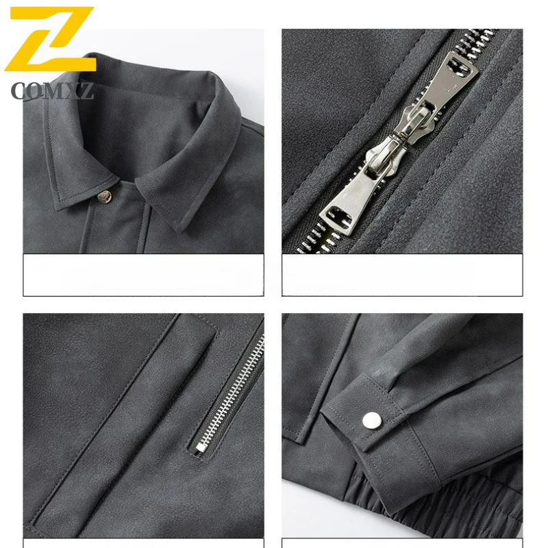 COMXZ Jaket Kulit Pria 2025 Kasual Luar Ruangan Olahraga Tahan Angin Mantel Kulit Santai Trendi Gaya Harian Musim Gugur Mantel Baru