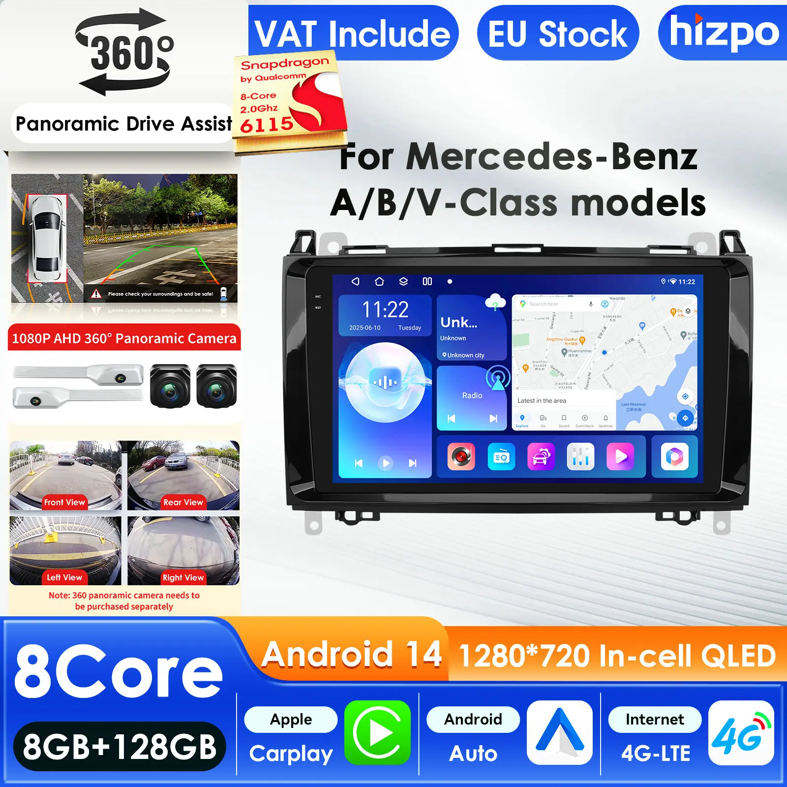 Hizpo Android14 Auto-Multimedia-Player für Mercedes Benz B200 Sprinter W906 W639 AB Klasse W169 W245 Viano Vito GPS Carplay 4G AI 9 Zoll Intelligenter Auto-Bildschirm QLED-Display Automotive Head Unit
