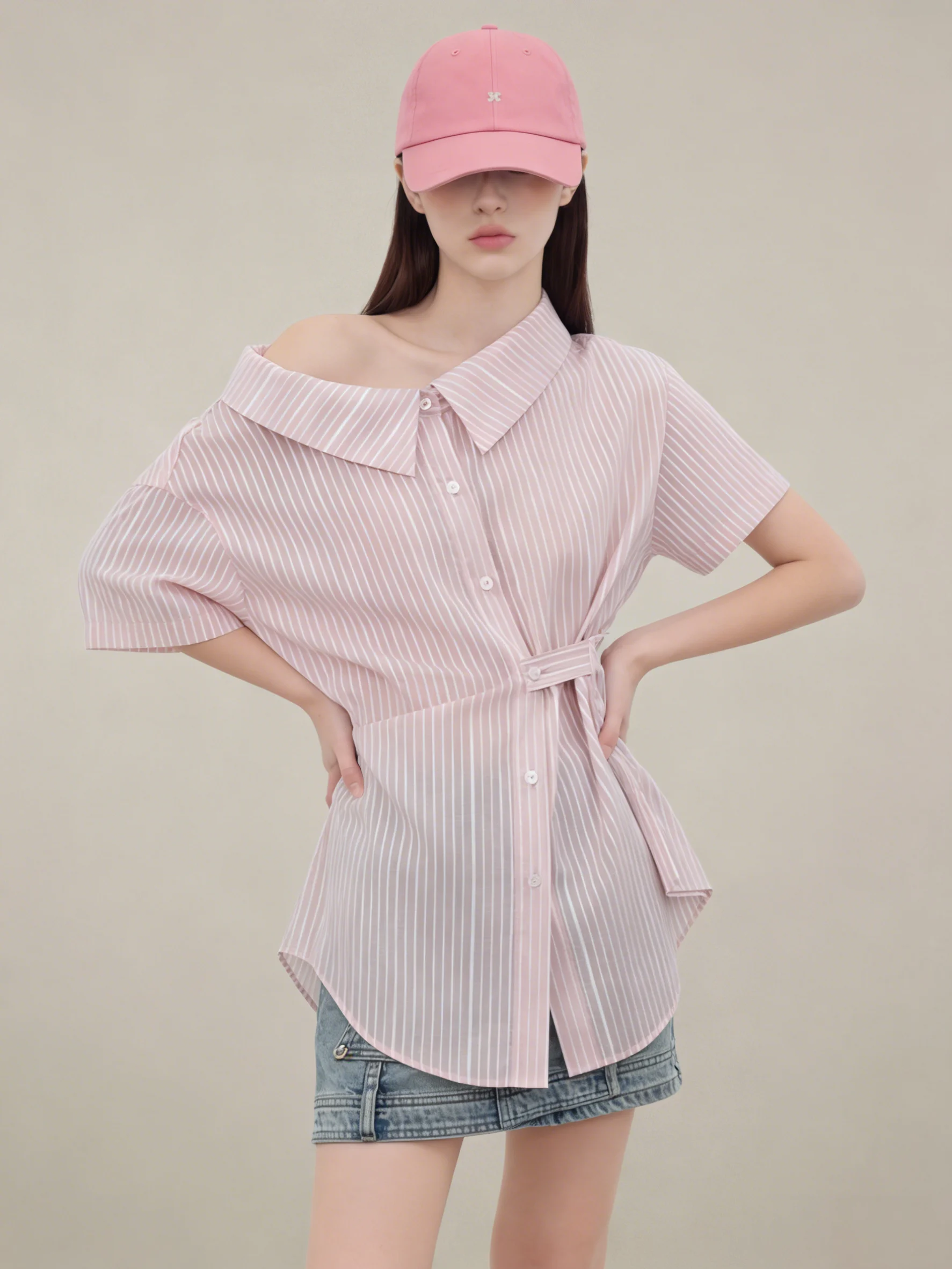 

Pink Striped Casual Shirt with Belt Waist Cinching Short Sleeve Beautiful Top for Women Daily Wear Comfortable Polyester Blend