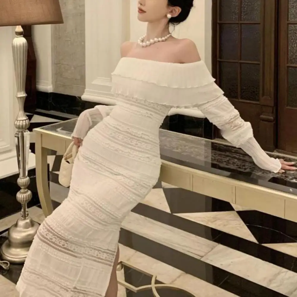 Sexy Female Long Sleeve Dresses Elegant White Lace Midi Dress for Woman Bodycon Midi Dress Beach Office Lady Casual Hip Dress