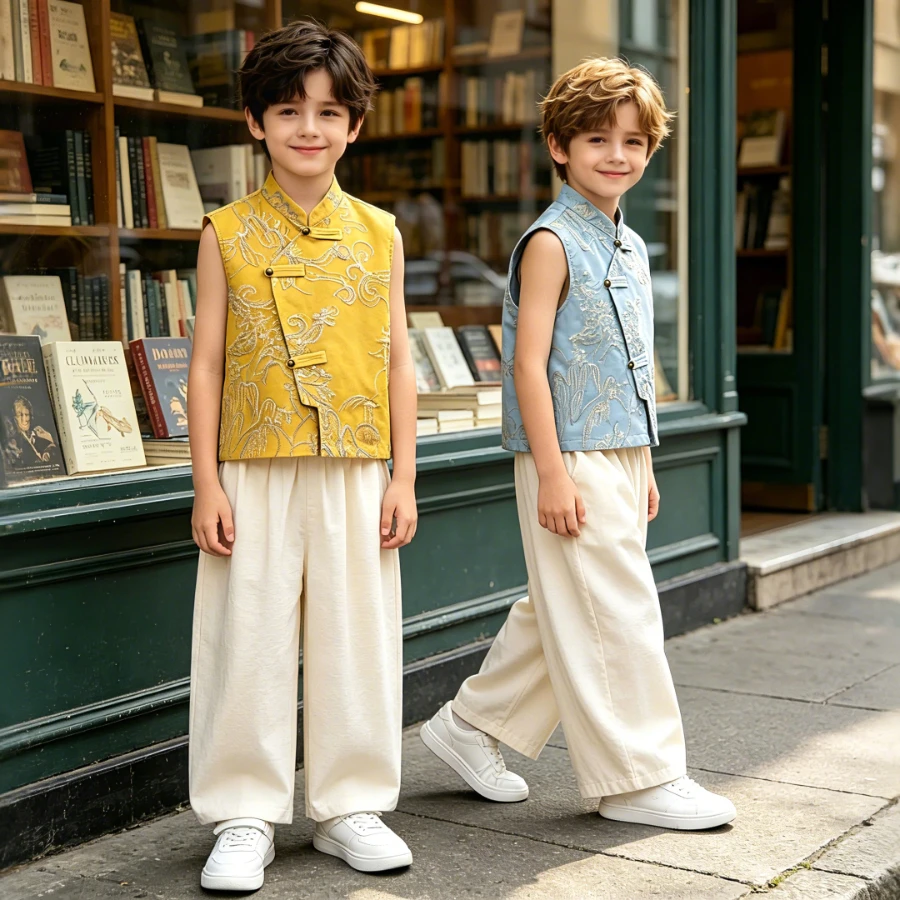 Boys Chinese Tang Suit Sleeveless Vest Dragon Embroidery Wide Leg Pants Kids Birthday Ring Bearer Traditional Outfit for 1-10Y