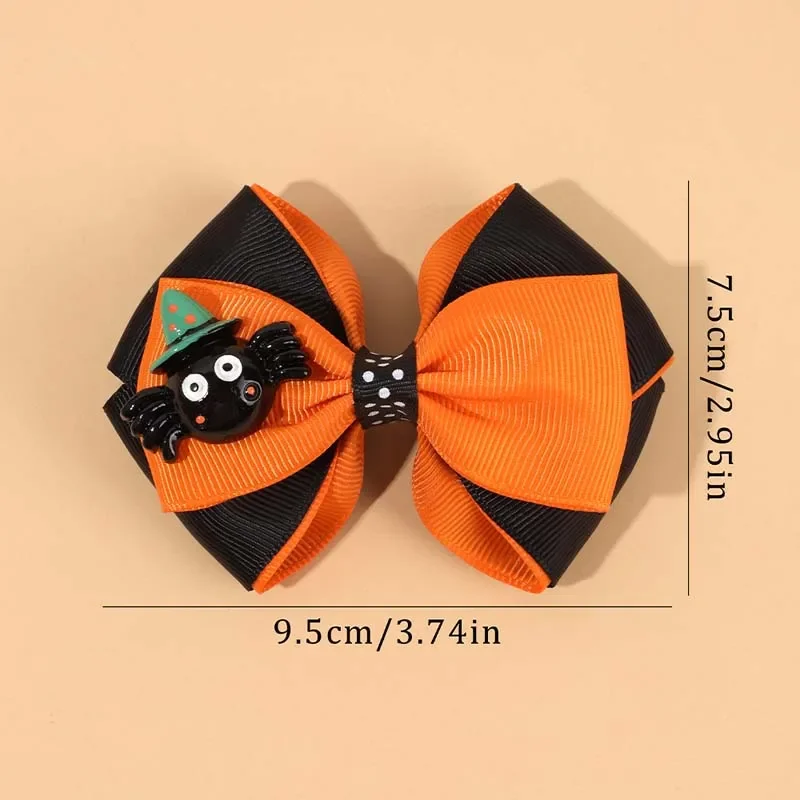 ncmama 2Pcs Halloween Hair Bow Clips Cute Ribbon Bow Hairpin with Spider for Girls Halloween Hair Accessories Children Barrettes