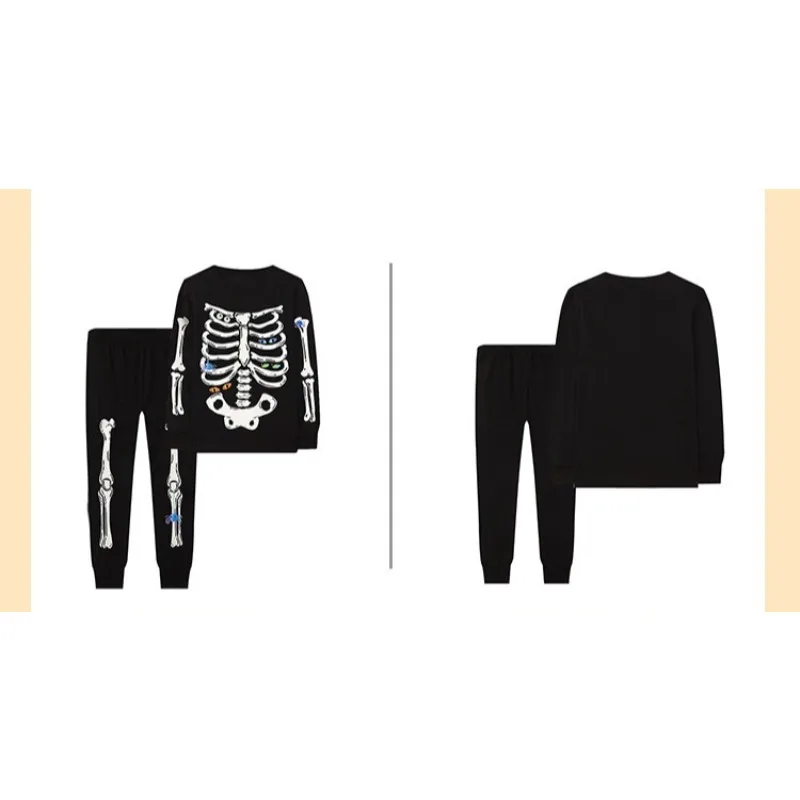 Autumn Winter Halloween Cosplay Costume Skeleton Long Sleeve Tops Long Pants Home Wear Print Pajama Two-Piece Set for Unisex 5