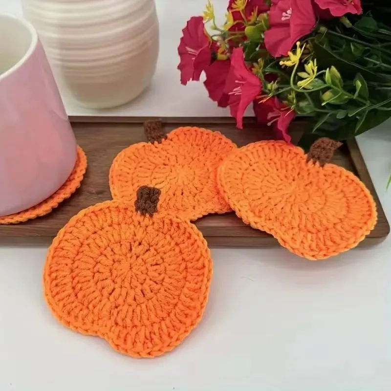 Halloween Crochet Pumpkin Coasters Autumn Thanksgiving Fabric Handmade Cup Mat Halloween Table Decor Fall Farmhouse Decoration
