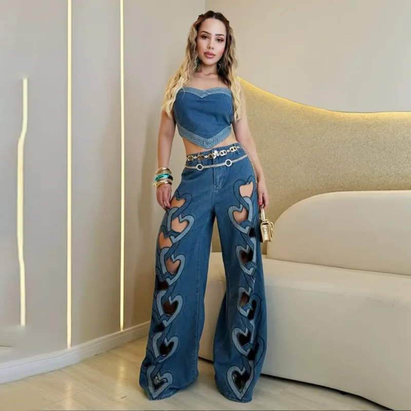 Trend Women's Jeans. 2026 Autumn. New High-waisted Printed Hollow Wide-leg Straight Pants. With Heart-shaped Cutouts