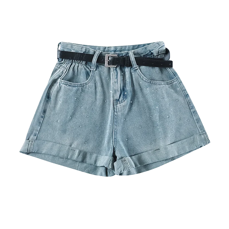 Rhinestone Rolled Denim Shorts Women Summer Blue High Waist Wide Leg Short Pants Female Loose Casual Shorts