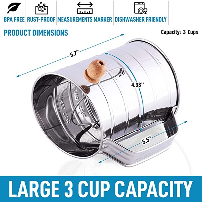 Hot 3 Cup Stainless Steel Flour Sifter - Fine Mesh Rotary Hand Crank Flour Sifter With Agitator Wire Loop For Baking Cakes