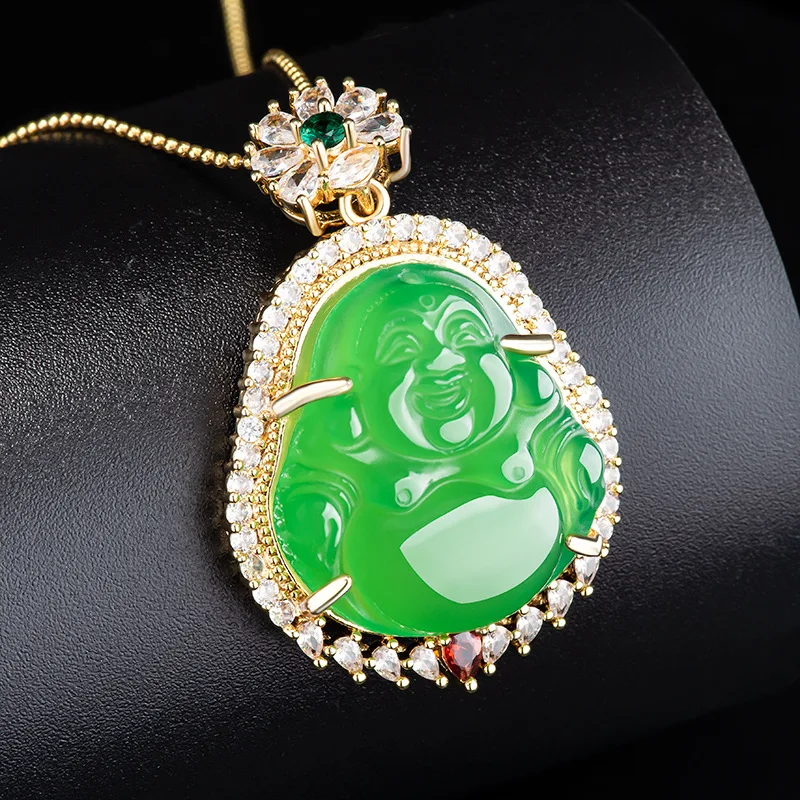 Green Real Jade Maitreya Pendant Necklace Natural Jewelry Carved Energy Gemstone 18K Gold Plated Amulet Charm Choker Stone