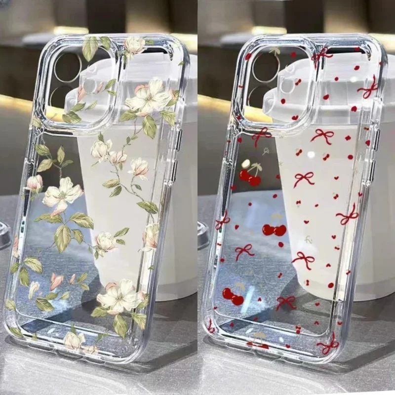 Cute Bow Cherry Flower Print Phone Case for Realme C53 C51 C75 C67 C63 C65 9 12 Pro Plus 8 9 Pro 5G Cover Floral Clear Fundas