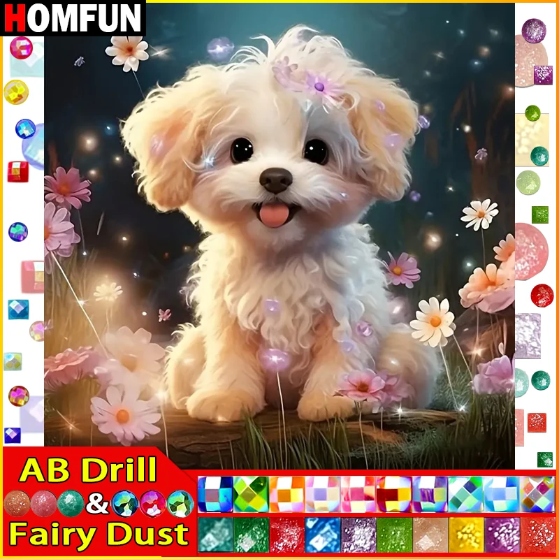 HOMFUN Fairy Dust AB Quadratischer/runder Bohrer 5D DIY Diamantgemälde „Tier Hund“ Stickerei Kreuzstich voller Strass Dekor