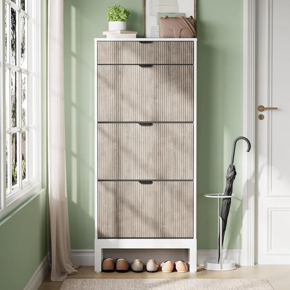 

Shoe Cabinet with 3 Flip Doors & 1 Drawer, Entrance Wooden Shoes Rack with Iron Legs, Slim Shoe Storage Cabinet