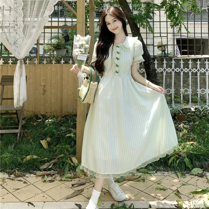 

Plus Size 6XL 150kg Women Summer Short Sleeve Long Dress Peter Pan Collar Sweet Solid Color Maxi Dress