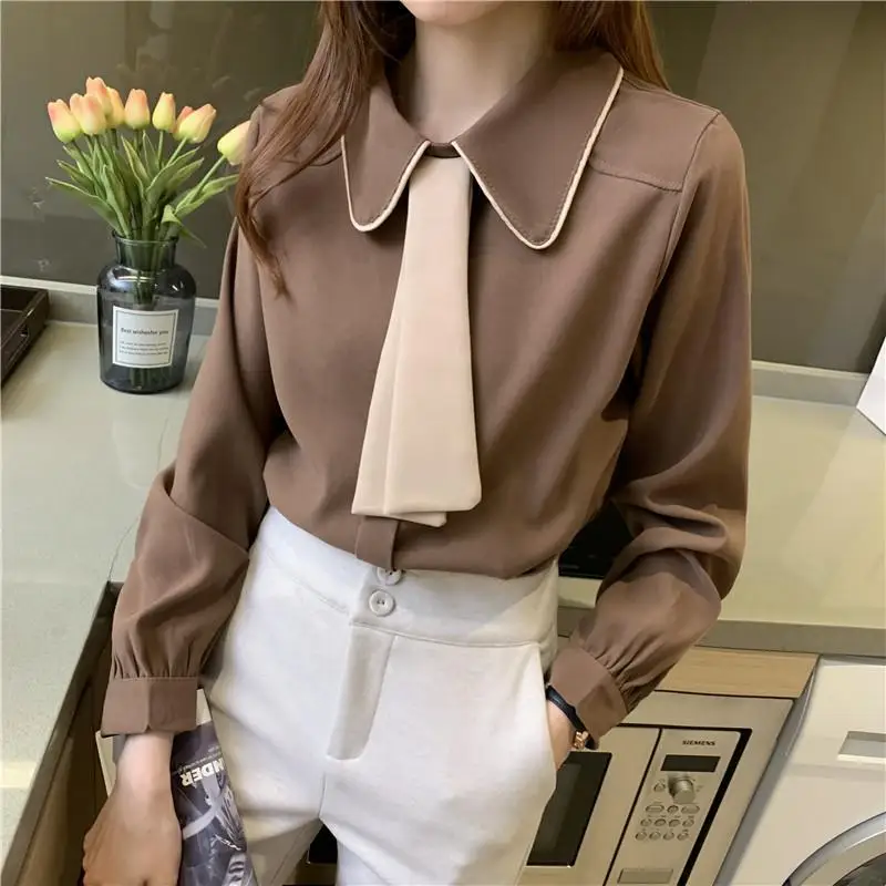 Professional Tie Shirt Women\'s Long Sleeve 2023 New Korean Edition Autumn/Winter Ear Collar Shirt Fashion Reduced Collar Tops