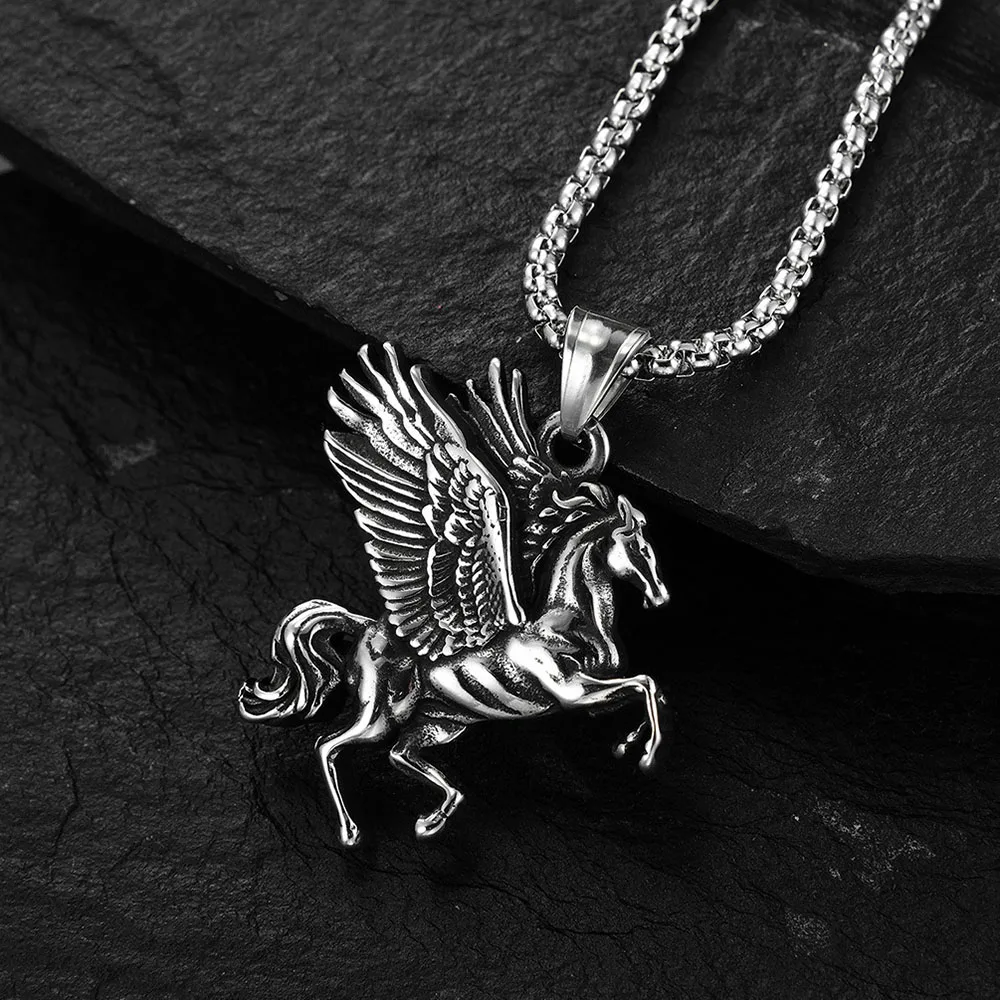 Vintage Griechische Mythologie Pegasus Anhänger Halskette Herren Punk Hip Hop Party Tier 316L Edelstahl Halskette Schmuck Geschenk – Detail 2