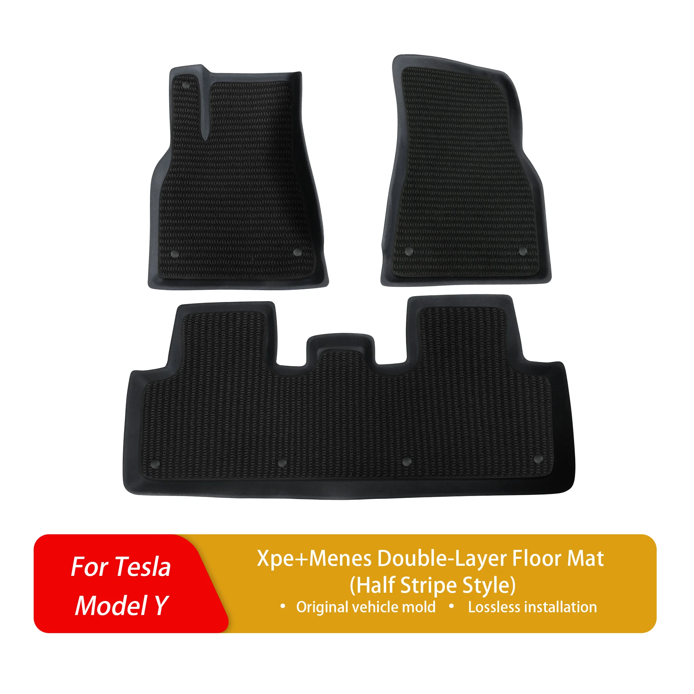 Suitable for Tesla Model Y – Dual-layer XPE floor mats, removable Menis top, waterproof, easy to clean.