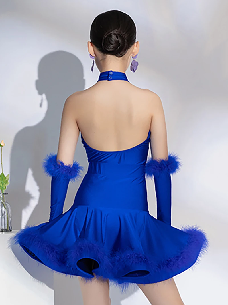 키즈 소녀 라틴 댄스 의상 홀터넥 백 레스 바디 슈트와 타조 모피 스커트 에지 전문 연습 댄스웨어 (장갑 포함)