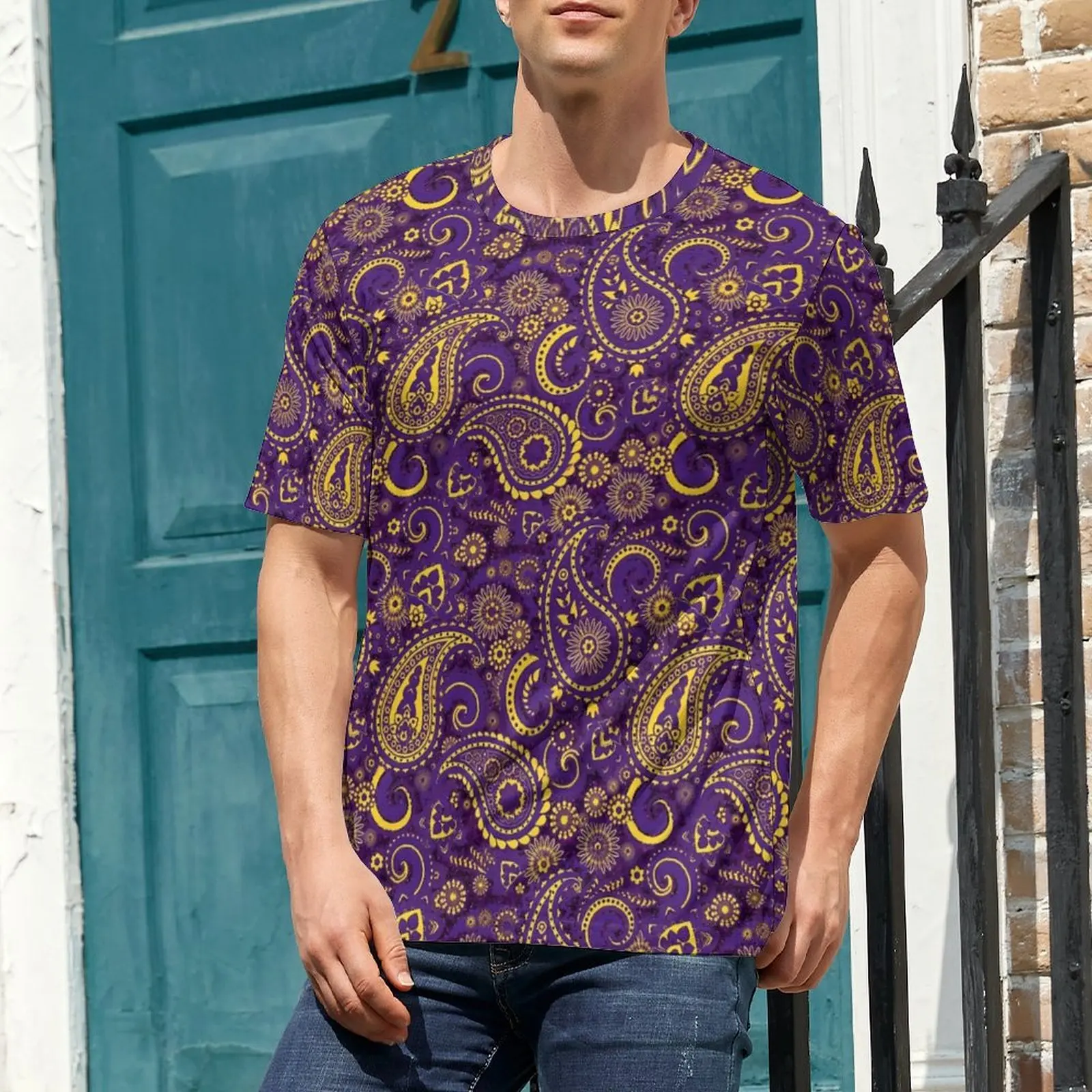 Couple Golden Paisley T-Shirt Purple Sparkle Vintage T-Shirts Short-Sleeve Graphic Tshirt Dropshipping Casual Oversized Clothing