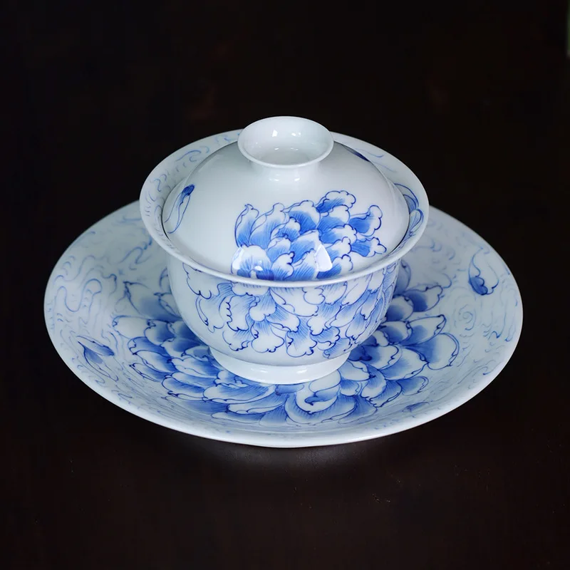 

Jingdezhen Blue and White Flower Cover Teacup Hand Painted Drawing Personal Special Handmade Ceramic Underglaze Color Set