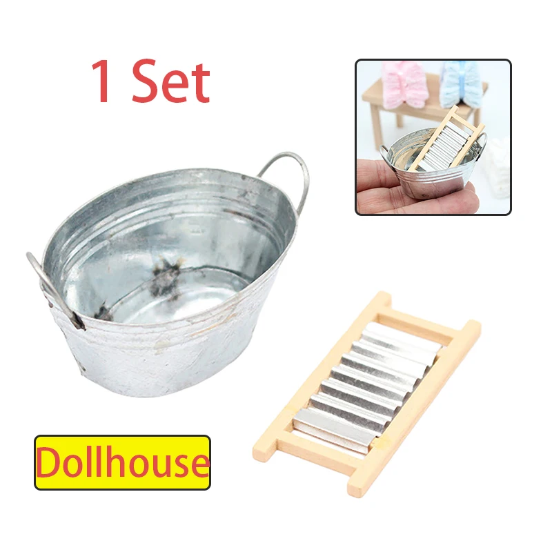 2Pcs/Set 1:12 Dollhouse Miniature Washboard Iron Bucket Bathroom Model Decor Toy Doll House Accessories