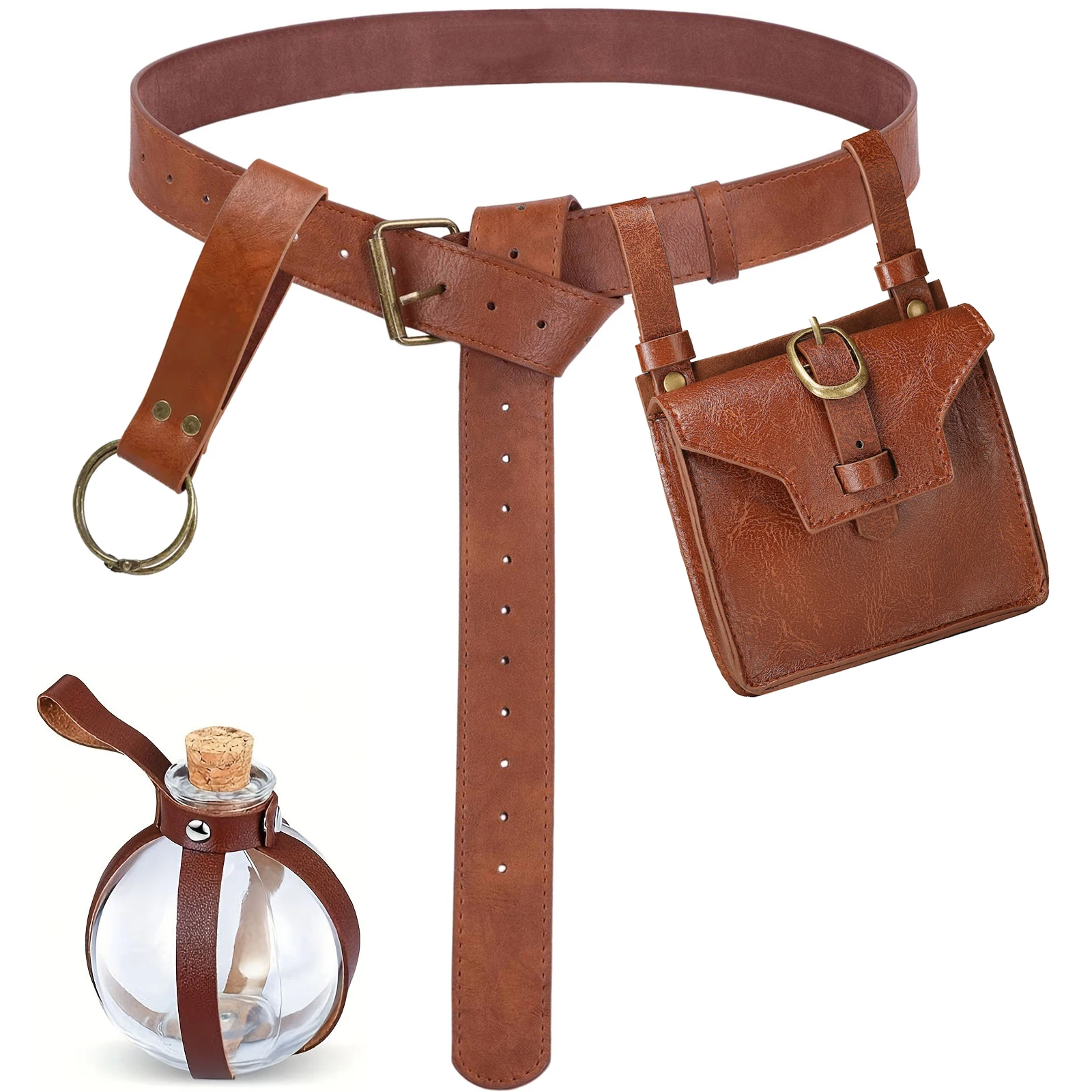 4pcs Medieval Festival Costume Accessories Leather Belt with Flap Waist Bag Skirt Clip Cork Potion Bottle Set for Halloween & LARP & Cosplay Party
