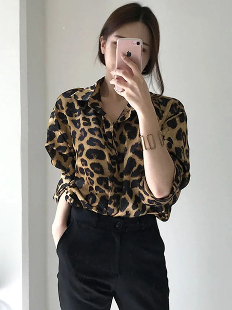 Jielur Chic Retro Leopard Print Loose Long-sleeved Women Shirt Fashion Street Casual Slim Top Female New Basic Woman Shirt