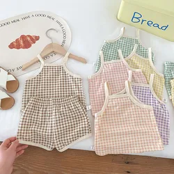 2025 New Baby Summer Clothes Set Infant Girls Boys Plaid Suspenders Tee And Shorts 2 Pcs Suit Toddler Cotton Outfit