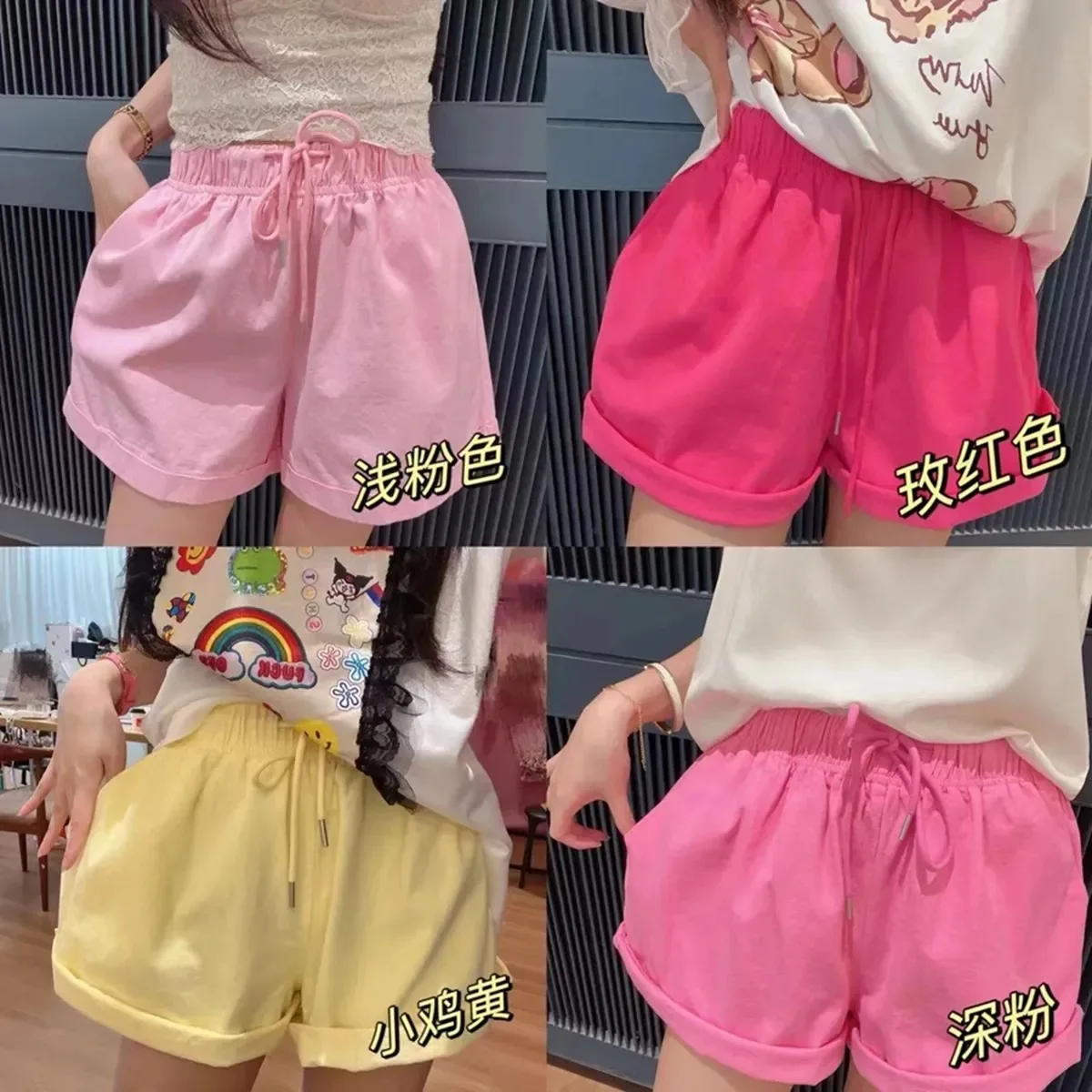 Girls pure cotton Bolaraxia new bright elastic waist versatile wide legs wear casual fashion cute shorts